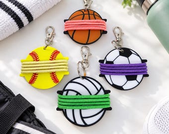 Sports Hair Tie Holder Keychain, Volleyball Soccer Basketball Softball, Bag Tag
