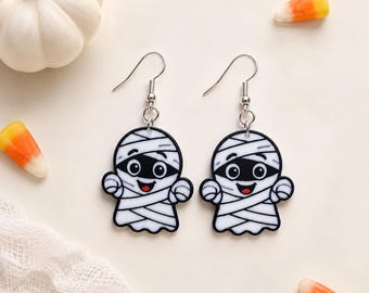 3D Printed Mummy Earrings, Halloween Dangle Earrings, Spooky Monster Jewelry