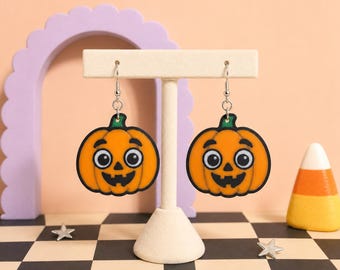 3D Printed Pumpkin Earrings, Jack O Lantern Dangles, Kawaii Halloween Jewelry, Spooky Fall Gift