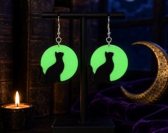 Glow in the Dark Cat Earrings | Black Cat Moon Dangles | Witchy Halloween Jewelry | 3D Printed