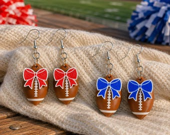 Football Bow Earrings, 3D Printed Game Day Dangles, Team Color Jewelry