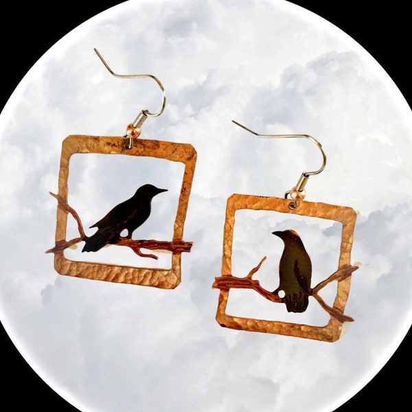 crow earrings, raven earrings, crow jewelry, corvus jewelry, gothic crow, square earrings, copper patina, blackbird earrings, made in Canada