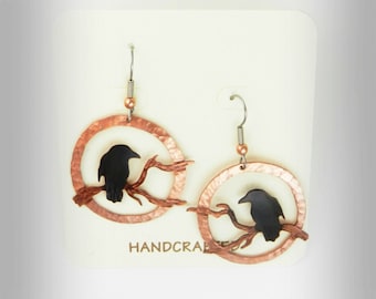 raven earrings, crow earrings, raven jewelry, crow jewelry, goth crow, goth raven, rook earrings, corvus, corvid, hammered copper earrings