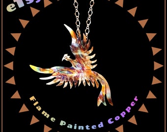 phoenix pendant, phoenix necklace, phoenix rising, phoenix jewelry, firebird, flame painted copper, fire torched copper, statement necklace
