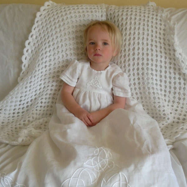 Celtic Embroidered Christening Gown in Irish Linen: The Kilkenny