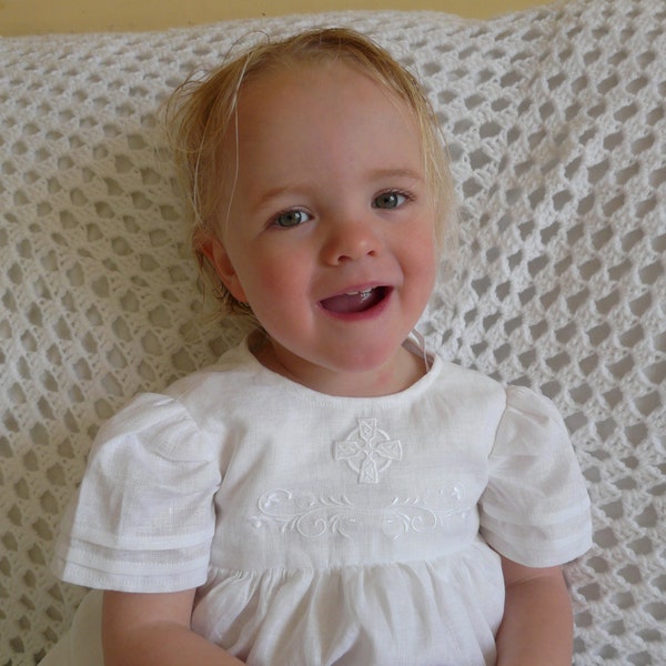 Celtic Embroidered Christening Gown in Irish Linen: The Avoca