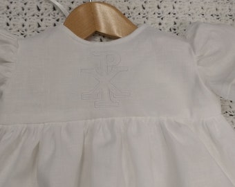 Chi-Rho Embroidered Christening Gown in Irish Linen: The Chi-Rho