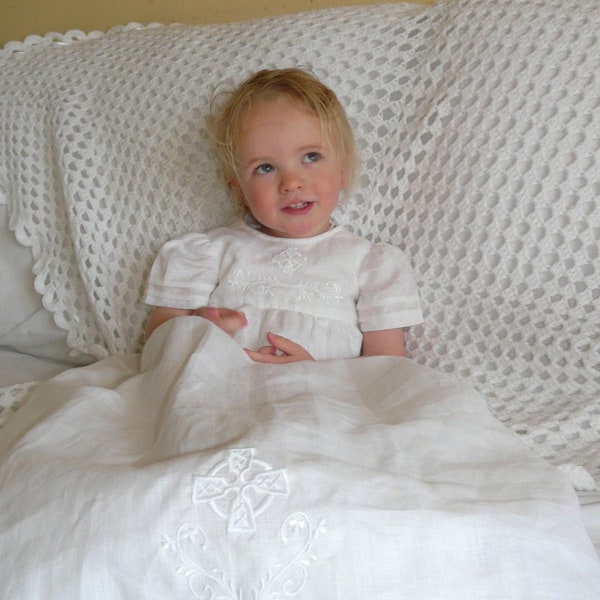 Celtic Embroidered Christening gown in Irish Linen: The Connemara