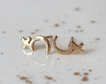 Saturn Earrings . Planet Symbol . Gift for Capricorn .  Asymmetrical Earring . Silver Single Stud . Gold Mismatch Studs . Scythe Return
