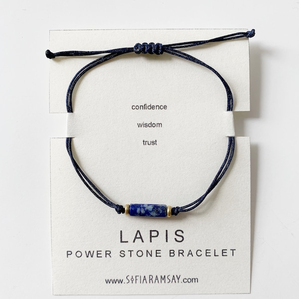 Lapis Lazuli Power Stone Bracelet • Confidence, Wisdom, Trust • Navy Blue Azure Adjustable Thin Cord Stacking Jewelry with Positive Energy