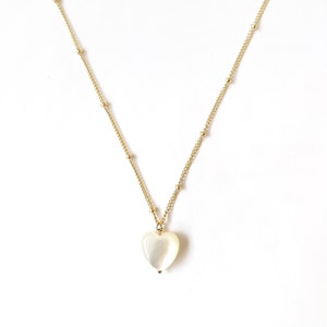 Lighthearted Mother of Pearl Heart Pendant Necklace, Gold Filled Delicate Beaded Chain 16&quot; to 18&quot; inch Valentines Gift for Her Charm Jewelry