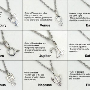 May include: A set of ten silver necklaces with zodiac symbols. Each necklace features a different symbol representing a different sign of the zodiac. The symbols are Mercury, Venus, Earth, Mars, Jupiter, Saturn, Uranus, Neptune, and Pluto.