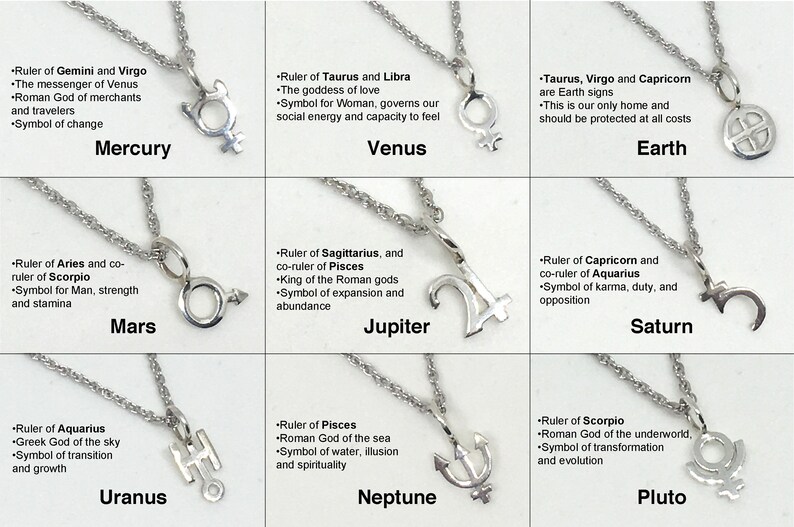 May include: A set of ten silver necklaces with zodiac symbols. Each necklace features a different symbol representing a different sign of the zodiac. The symbols are Mercury, Venus, Earth, Mars, Jupiter, Saturn, Uranus, Neptune, and Pluto.