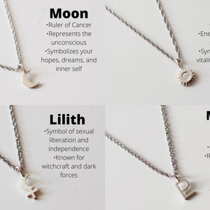 May include: Four silver necklaces with different pendants representing the Moon, Sun, Lilith, and Modern Pluto. Each pendant has a unique design and is accompanied by a description of its astrological significance.