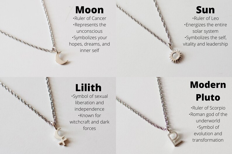 May include: Four silver necklaces with different pendants representing the Moon, Sun, Lilith, and Modern Pluto. Each pendant has a unique design and is accompanied by a description of its astrological significance.