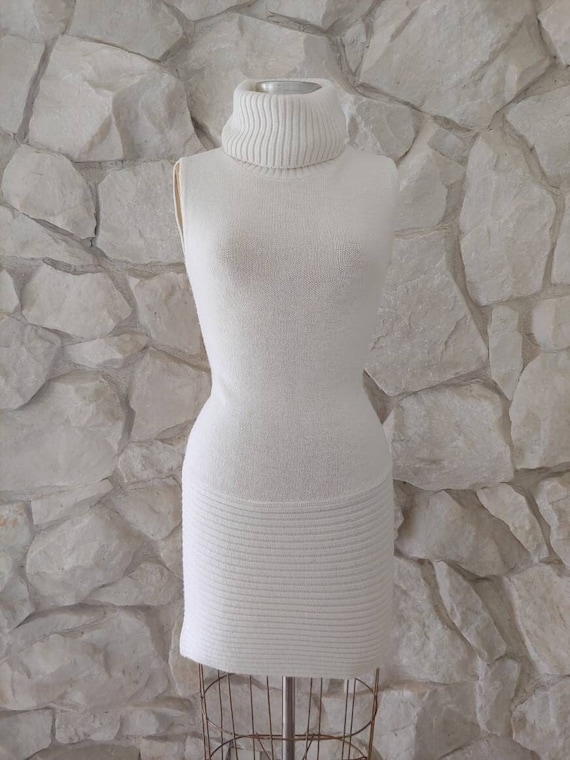 Early 2000s White Turtleneck Sweater Knit Dress | Small