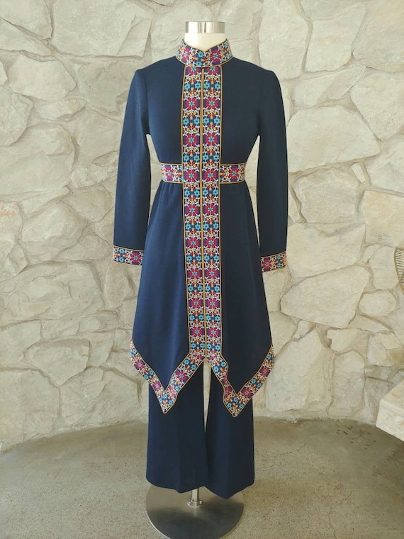 1960s 1970s Navy and Multi-Color Pant suit Pant se