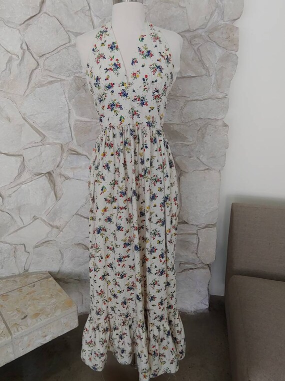 Vintage 1960s Floral Print Eyelet Cotton Halter Ma