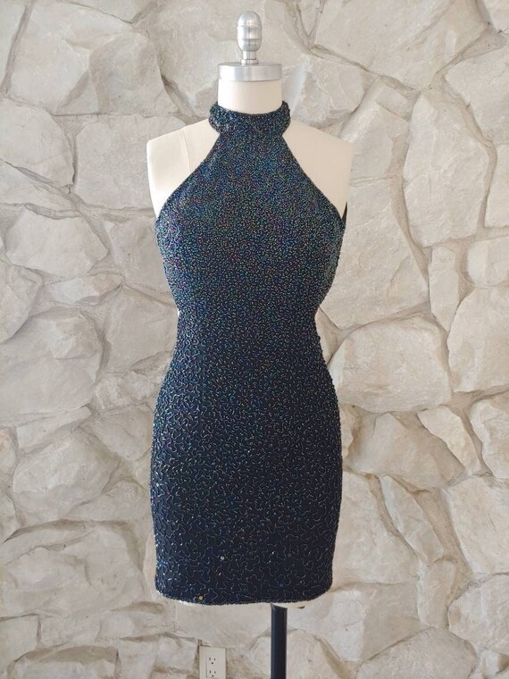 1990s Vintage Beaded Silk Chiffon Mini Dress with Halter Mock Neck Top | Xs 1990s Vintage Beaded Silk Chiffon Mini Dress with Halter Mock Neck Top | Xs