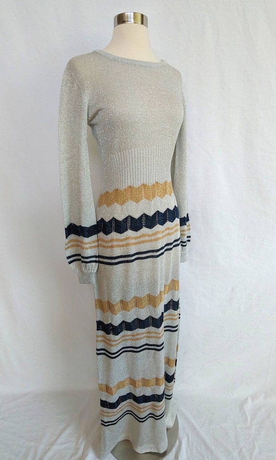 1970s 70s Wenjilli Maxi Metallic Knit Dress | Smal