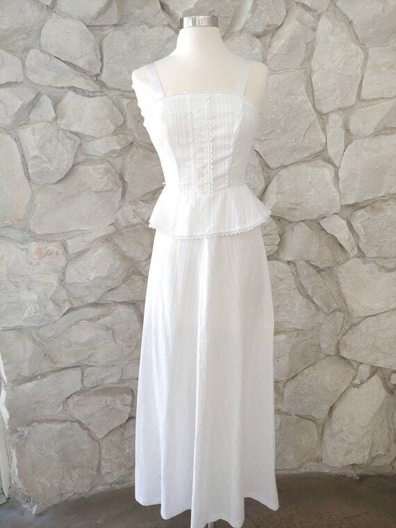 1970s White Cotton Peplum Maxi XS