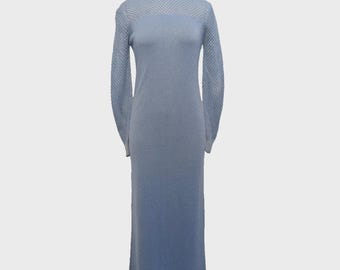 Vestido largo vintage de punto de lúrex azul empolvado de los años 70, talla pequeña, talla mediana.