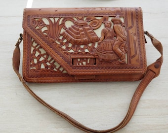 Rare Unusual Vintage Mexican Leather Shoulder Bag