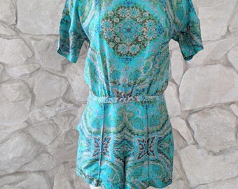 Vintage J. Crew blauw-groene zijden romper met paisleyprint