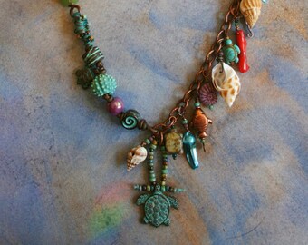 Aqua Ceramic and Green Patina Sea Life NecklaceBeach JewelrySea Life JewelryRaku NecklaceSea Turtle NecklaceIsland StyleTropical