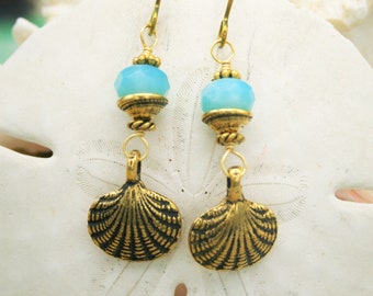 GOLD SCALLOP SHELL  Earrings, Gold Plated Seashell and Czech Glass Earrings, Tropical, Gift for Beach Lover, Sea Life, Niobium Earwires