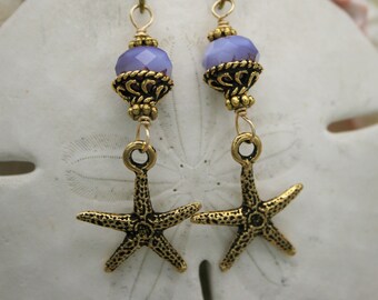 GOLD STARFISH Earrings, Gold Plated and Czech Glass Earrings, Tropical, Gift for Beach Lover, Sea Life, OOAK, Niobium Earwires