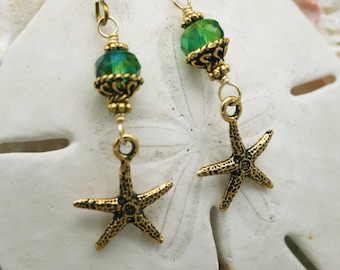 GOLD STARFISH Earrings, Gold Plated and Czech Glass Earrings, Tropical, Gift for Beach Lover, Sea Life, OOAK, Niobium Earwires