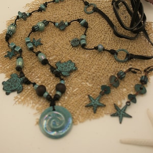 Aqua Ceramic and Green Patina Sea Life NecklaceBeach JewelrySea Life JewelryRaku NecklaceSea Turtle NecklaceIsland StyleTropical