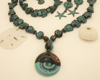 Green Patina Fish Necklace/Raku Spiral Worry Fish Necklace/MYKONOS Jewelry Set/Raku Ceramic Necklace Set/ Beach Jewelry Set/Sea Life Jewelry