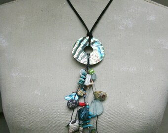 Aqua Ceramic and Green Patina Sea Life NecklaceBeach JewelrySea Life JewelryRaku NecklaceSea Turtle NecklaceIsland StyleTropical