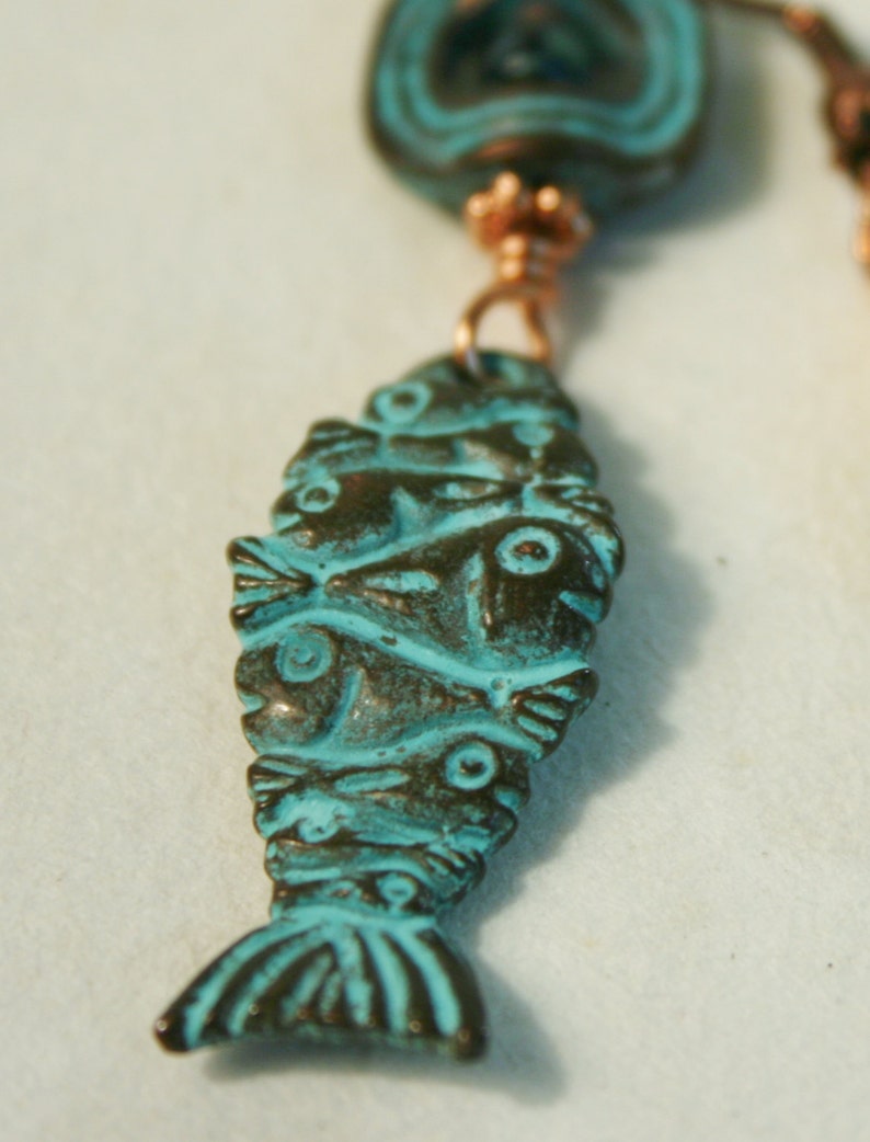 fIShY FrIdAY Earrings! Mykonos Green Patina Fishy-fish EarringsBeach EarringsBeach JewelryBeach EarringsGreen and CopperFish Earrings