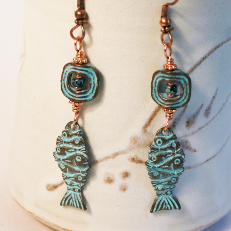 fIShY FrIdAY Earrings! Mykonos Green Patina Fishy-fish EarringsBeach EarringsBeach JewelryBeach EarringsGreen and CopperFish Earrings