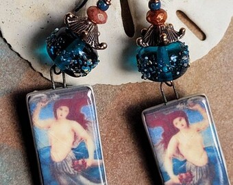 Mermaid Earrings, ceramic mermaid image, lampwork beads, beach earrings, resort wear.