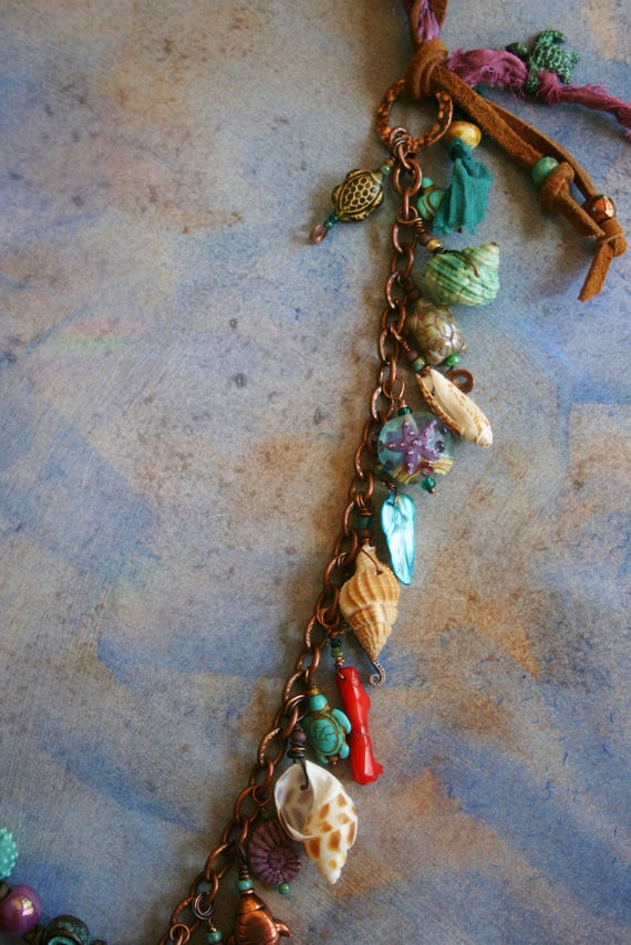 Aqua Ceramic and Green Patina Sea Life NecklaceBeach JewelrySea Life JewelryRaku NecklaceSea Turtle NecklaceIsland StyleTropical