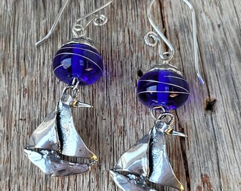 Handmade SAILBOAT Earrings! Sterling Silver w/Silvered lampwork,Nautical Jewelry, Artisan Beach Jewelry, Yacht Club Jewelry, Cruise wear.