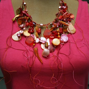 Shell Bib Necklace/Mermaid Necklace in &quot;Sunset&quot;/Island Style/Beach Jewelry/ Mixed Media Fiber/Coral Necklace/Beach Bib