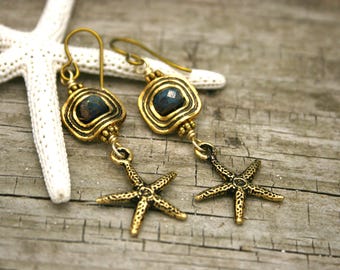 GOLD STARFISH Earrings, Gold Plated and Czech Glass Earrings, Tropical, Gift for Beach Lover, Sea Life, OOAK, Niobium Earwires