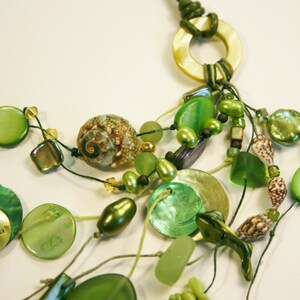 Shell Tassel Necklace/Green Shell Necklace/Mixed Organic Elements Tassel/Green Shell Pendant/Coastal/Shell and Leather Pendant