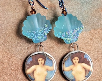 Mermaid image Earrings,  Mermaid picture earrings,  lampwork glass and artisan ceramic earrings