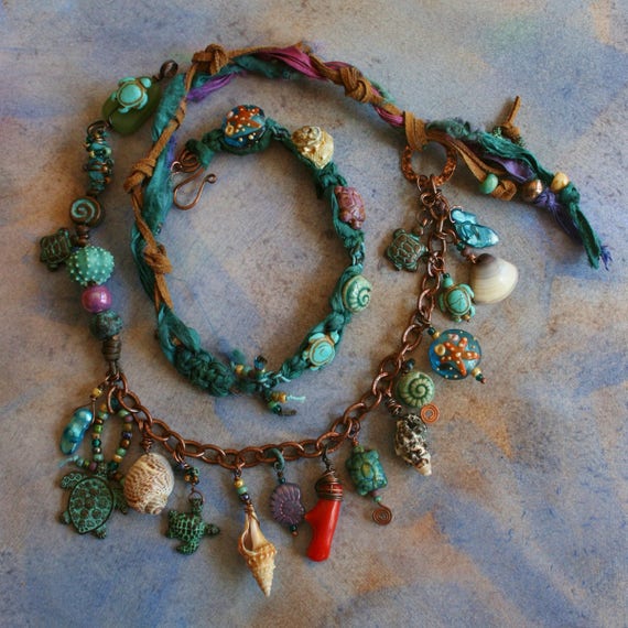 Aqua Ceramic and Green Patina Sea Life NecklaceBeach JewelrySea Life JewelryRaku NecklaceSea Turtle NecklaceIsland StyleTropical