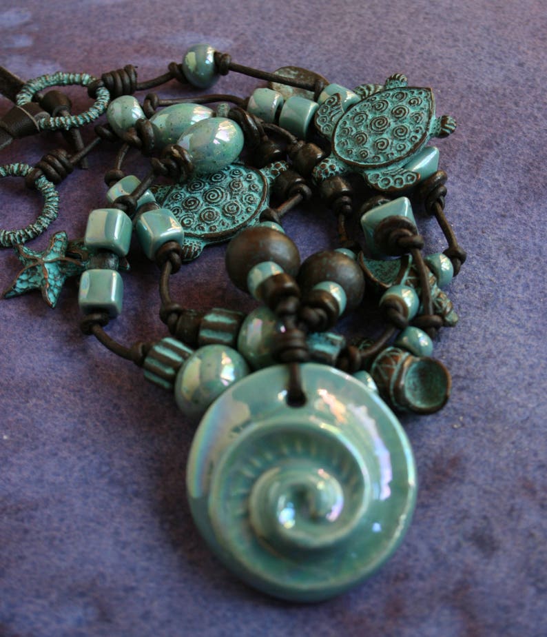 Aqua Ceramic and Green Patina Sea Life NecklaceBeach JewelrySea Life JewelryRaku NecklaceSea Turtle NecklaceIsland StyleTropical