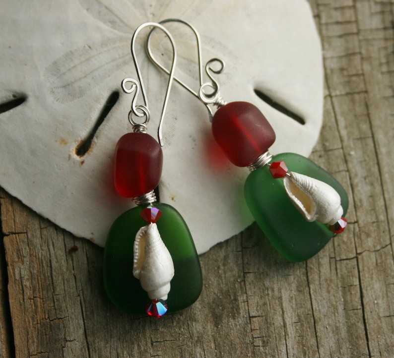 Red and Green Christmas Seaglass Earrings Christmas Shell Earrings Christmas Beach Earrings Coastal Christmas Earrings Beach Jewelry