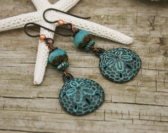 SAND DOLLAR Earrings, Mykonos Green Patina and Czech Glass Earrings, Tropical, Gift for Beach Lover, Sea Life, OOAK, Niobium Earwires