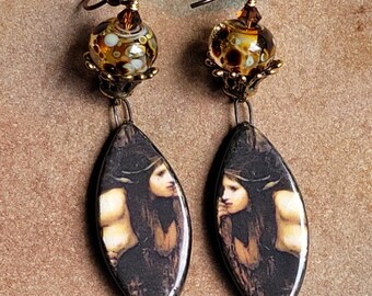 Mermaid Earrings, ceramic mermaid image, lampwork beads, beach earrings, resort wear.