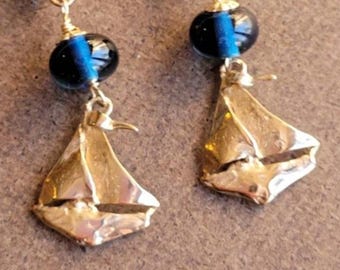 SAILBOAT EARRINGS! Gold Bronze Sailboat Earrings, Nautical Jewelry, Artisan Yacht Club,choice of bead colors, gift for women who sail